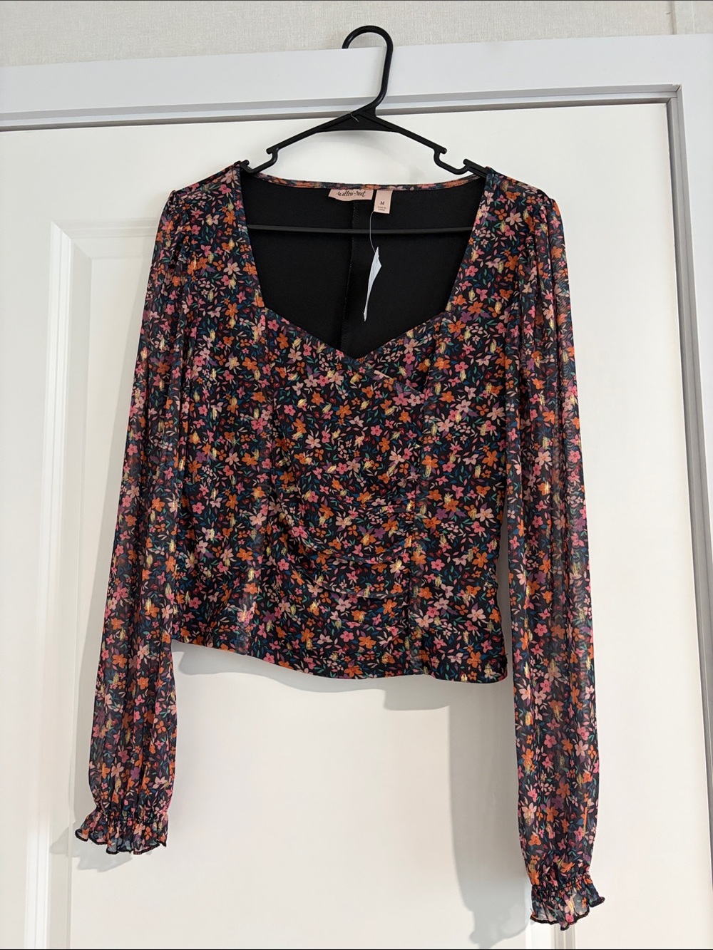 Smocked Floral V-Neck Long Sleeve Blouse - Black Floral